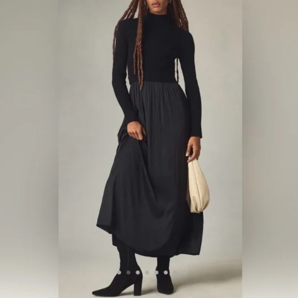 Anthropologie The Thea Twofer Sweater High Neck Black Maxi Dress Long Sleeve L